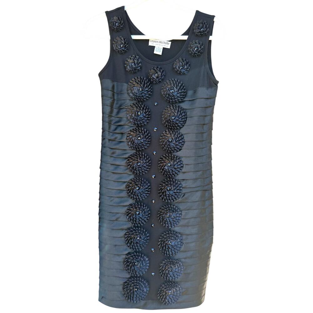 Lauren Michelle Y2K Black Sleeveless Dress 3D Floral Embellishments Size Small